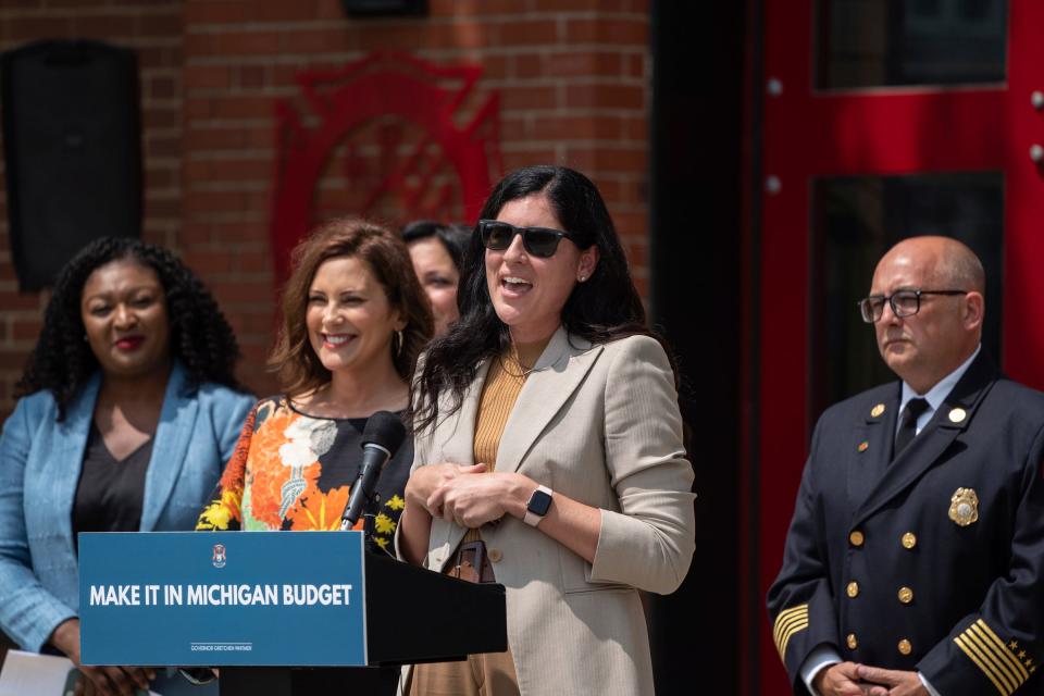 State Rep. Jaime Churches speaks before the signing of a bipartisan budget for the upcoming fiscal year by Gov. Gretchen Whitmer at Wyandotte Fire Station 1 in Wyandotte on Monday, July 31, 2023.