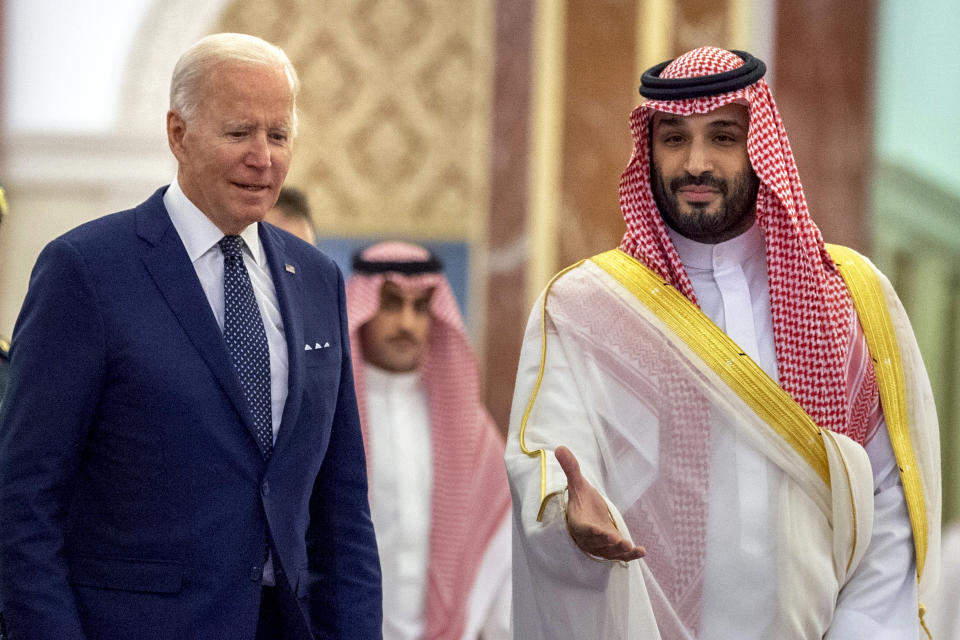 Saudi Crown Prince Mohammed bin Salman welcomes President Joe Biden to Al-Salam Palace in Jeddah, Saudi Arabia, on July 15, 2022. (Bandar Aljaloud / Saudi Royal Palace via AP file)