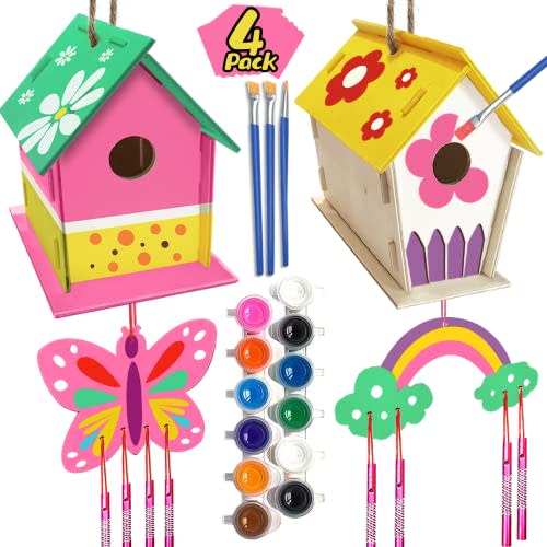 Crafts for Kids Ages 4-8 - 4 Pack DIY Bird House Wind Chime Kit - Build and Paint Birdhouse (Includes Paints & Brushes) Wooden Arts for Girls Boys Toddlers Ages 3-5 4-6 8-12