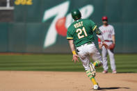 Oakland Athletics' Stephen Vogt runs the bases after hitting a solo home run against the Los Angeles Angels during the seventh inning of a baseball game in Oakland, Calif., Wednesday, Oct. 5, 2022. (AP Photo/Godofredo A. Vásquez)