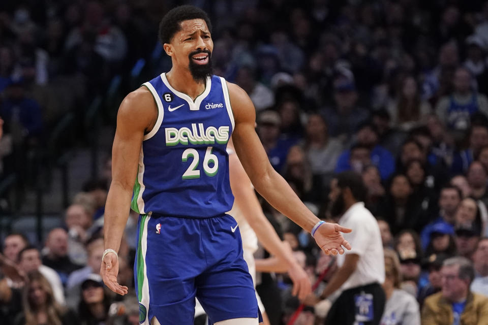 Dallas Mavericks guard Spencer Dinwiddie (26) reacts to a call during the fourth quarter of an NBA basketball game against the Washington Wizards in Dallas, Tuesday, Jan. 24, 2023. The Wizards won 127-126. (AP Photo/LM Otero)