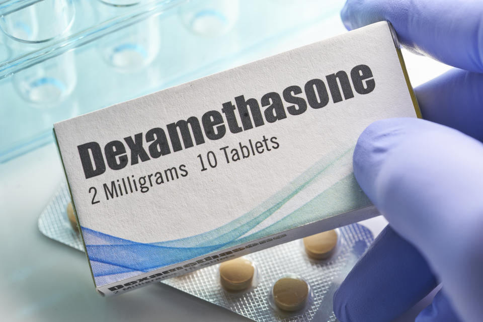 Dexamethasone: Box with pills of Covid-19 immune suppression drug. Generic drug. Not brand name. Fake label created by photographer in graphics program. Not copyrighted design.