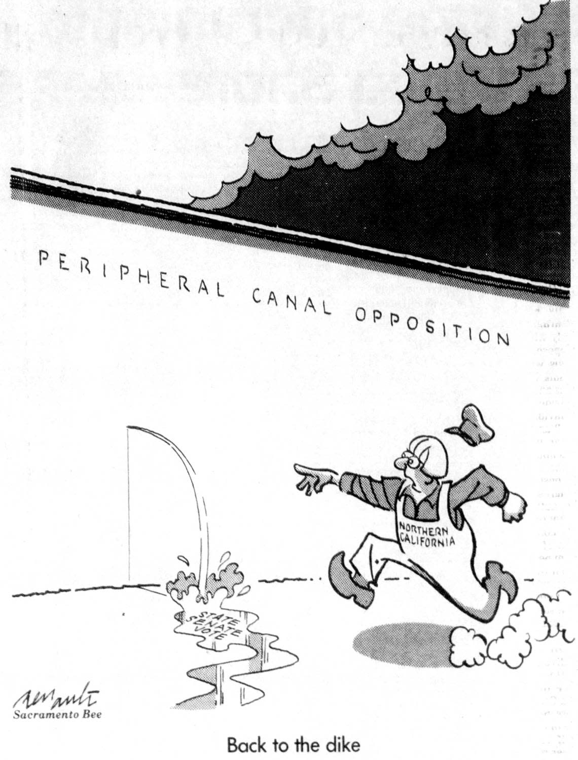 “Back to the dike,” reads the caption for a 1987 Dennis Renault editorial cartoon showing Northern California rushing to stop a leak in opposition to the Peripheral Canal. While the canal was never built, its legacy was revived in 2012 with Gov. Jerry Brown’s plan for two Delta tunnels – scaled back to a single tunnel during the Newsom administration.