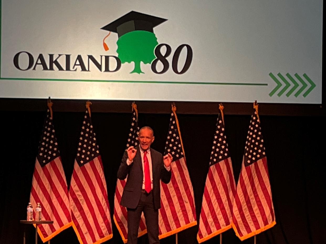 Oakland County Executive delivers his 2023 state-of-the-county speech on March 14 at the Berman Center for the Performing Arts in West Bloomfield, under the logo of Oakland 80, representing Coulter's goal to have 80% of county residents equipped with at least a two-year college degree or equivalent technical training by 2030.