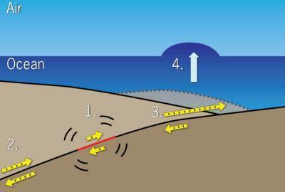 Fault motion sequence. 1. Rupture of the fault plane begins at the epicenter. 2. Rupture travels westward. 3. The upward sloping east side of the fault plane begins to rupture, forcing up the seafloor. 4. The water above the seafloor is pushed