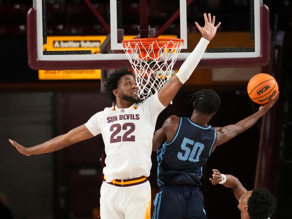 Dec 18, 2022; Tempe, Ariz., U.S.  Arizona State forward Warren Washington (22) defends against San Diego guard Eric Williams Jr. (50) during the first half at Desert Financial Arena. Mandatory Credit: Michael Chow-Arizona Republic