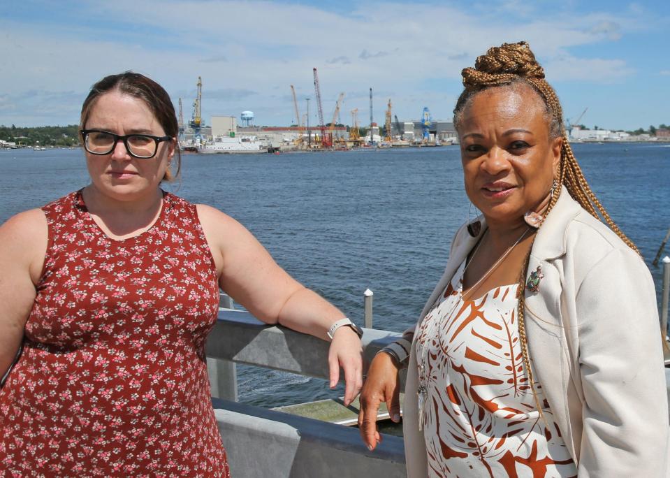 JerriAnne Boggis, executive director of the Black Heritage Trail of New Hampshire, right, and Gina Bowker, the organization's program coordinator, are previewing the Trail's silent march across the Memorial Bridge from Kittery to Portsmouth being held on Saturday, Aug. 26. The event is to mark the 60th anniversary of the March on Washington for Jobs and Freedom, which occurred on Aug. 28, 1963. The Navy Yard is seen across the Piscataqua River.