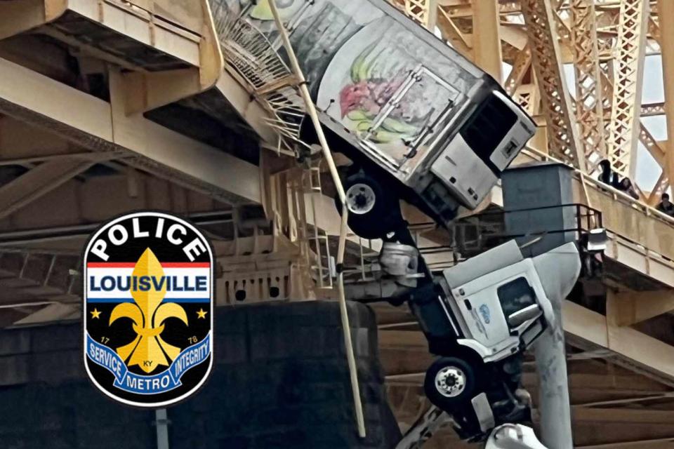<p>Louisville Metro Police Department/Facebook</p> Semi truck over the side of a bridge in Louisville