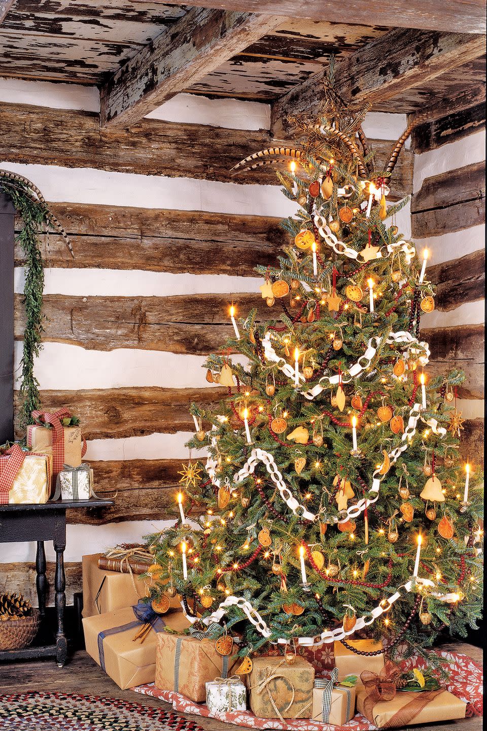 <p class="imageContent">In re-creating early American holiday tradition, consider decorating with little gifts, paper chains, cookies for children, and dried quince slices. Candles add a special, warm glow, but to ensure safety at home, opt for faux candles that are lit with bulbs.</p><p><a class="link " href="https://www.amazon.com/Midwest-Design-Imports-Inc-Ringneck/dp/B002PICGAC/ref=sr_1_2?crid=R83KNLNWV4O7&dchild=1&keywords=pheasant+feathers&qid=1603208440&s=home-garden&sprefix=pheasant+%2Cgarden%2C184&sr=1-2&tag=syn-yahoo-20&ascsubtag=%5Bartid%7C10050.g.1251%5Bsrc%7Cyahoo-us" rel="nofollow noopener" target="_blank" data-ylk="slk:SHOP FEATHERS;elm:context_link;itc:0;sec:content-canvas">SHOP FEATHERS</a></p>