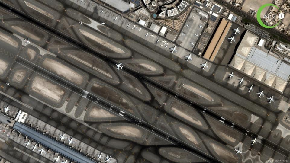 This still image from Earth-i's first color video by the VividX2 satellite shows airplanes at the Dubai International Airport as seen from orbit. <cite>Earth-i</cite>