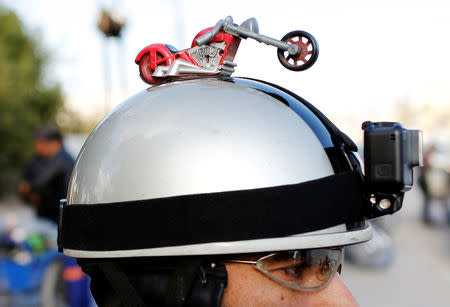 A motorbike dummy is seen on a biker's helmet who is a member of the Iraq Bikers, the first Iraqi biker group, in Baghdad, Iraq December 28, 2018. REUTERS/Thaier Al-Sudani