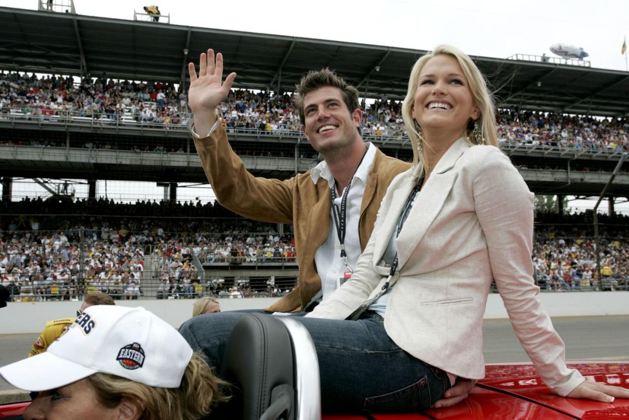 jesse palmer and jessica bowlin during 88th indianapolis 500  celebrity parade at indianapolis motor speedway in indianapolis, indiana, united states photo by michael hickeywireimage