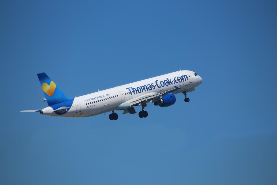 Thomas Cook Airline Airbus A321 taking off in Greece. Thomas Cook Group is a British global travel company. It collapsed in September 2019.