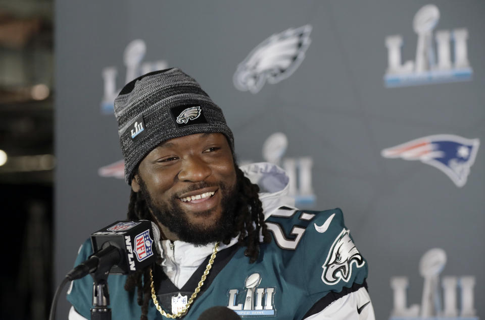 Philadelphia Eagles running back LeGarrette Blount takes part in a media availability for the NFL Super Bowl 52 football game Wednesday, Jan. 31, 2018, in Minneapolis. Philadelphia is scheduled to face the New England Patriots Sunday. (AP)