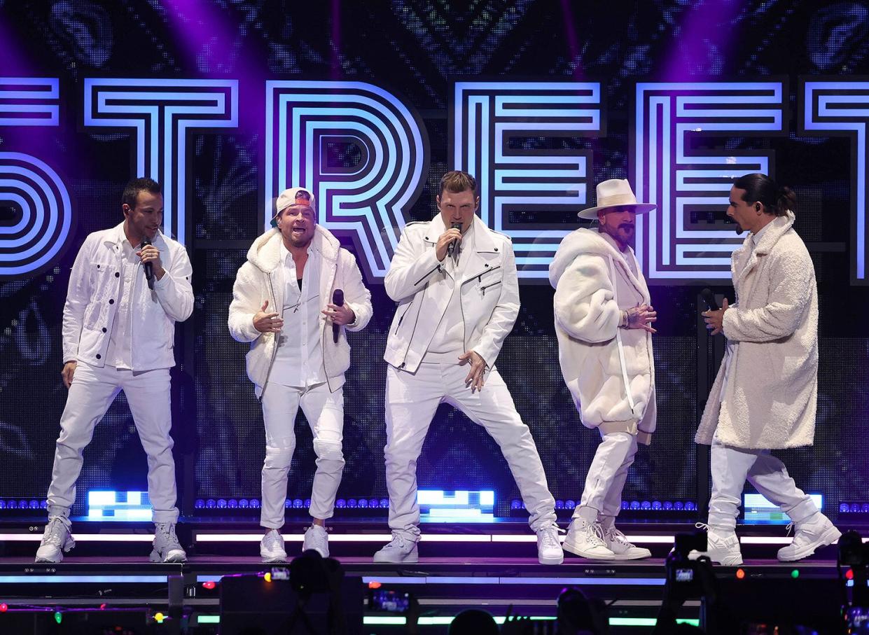 NEW YORK, NEW YORK - DECEMBER 09: The Backstreet Boys preform during the Z100's iHeartRadio Jingle Ball 2022 show at Madison Square Garden on December 09, 2022 in New York City. (Photo by Kevin Kane/WireImage)