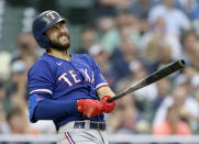 Texas Rangers' Joey Gallo reacts after hitting a fly ball for an out during the fourth inning of a baseball game against the Detroit Tigers, Monday, July 19, 2021, in Detroit. (AP Photo/Duane Burleson)