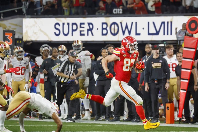 Kansas City Chiefs tight end Travis Kelce catches a first-down pass against the San Francisco 49ers during the fourth quarter of Super Bowl LVIII on Sunday at Allegiant Stadium in Las Vegas. Photo by John Angelillo/UPI