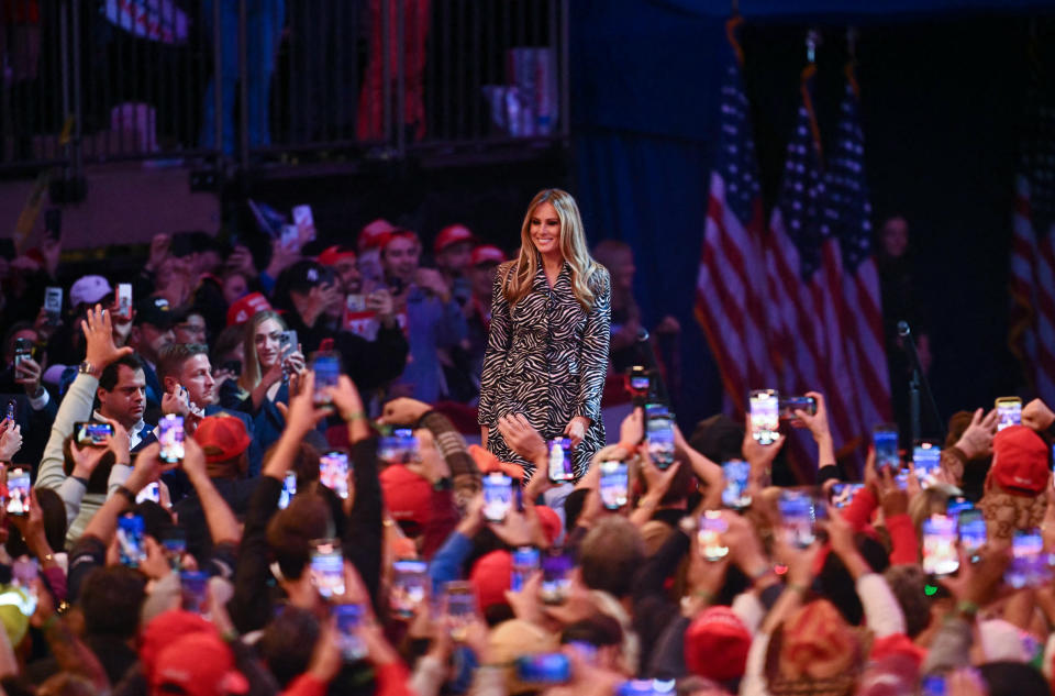 TOPSHOT - Former US First Lady Melania Trump arrives to speak at a rally for former US President and Republican presidential candidate Donald Trump at Madison Square Garden in New York, October 27, 2024. (Photo by ANGELA WEISS / AFP) (Photo by ANGELA WEISS/AFP via Getty Images)