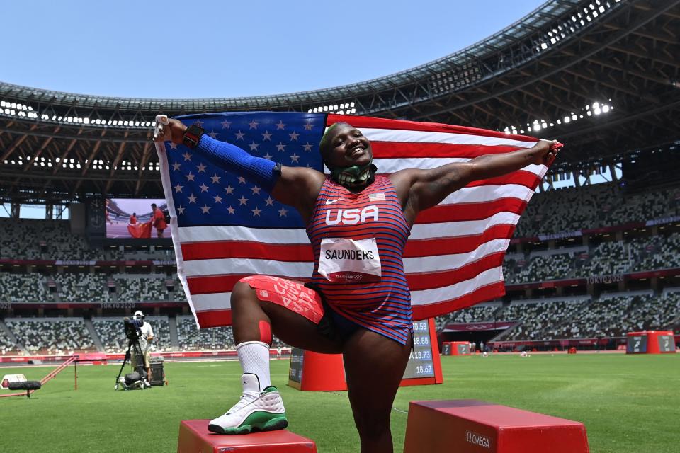 Raven Saunders speaks out in support of Black women, LGBTQ people and those who suffer mental illness — all communities to which she belongs. (Photo by ANDREJ ISAKOVIC/AFP via Getty Images)