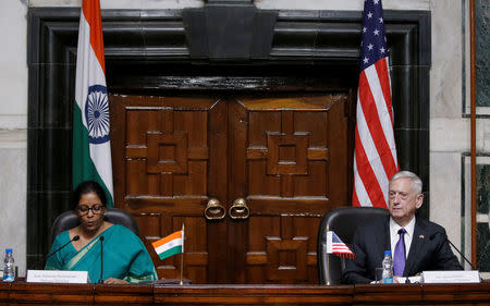 FILE PHOTO: India's Defence Minister Nirmala Sitharaman (L) speaks as U.S. Defense Secretary Jim Mattis looks on during a joint news conference in New Delhi, India September 26, 2017. REUTERS/Adnan Abidi/File photo