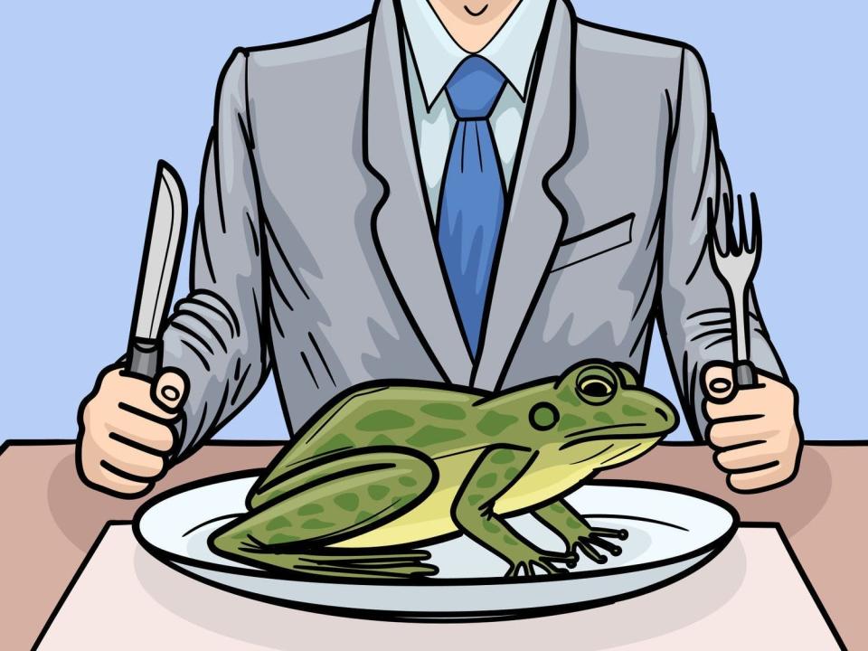 Drawing of a person in a suit sitting at a table with a frog on their plate