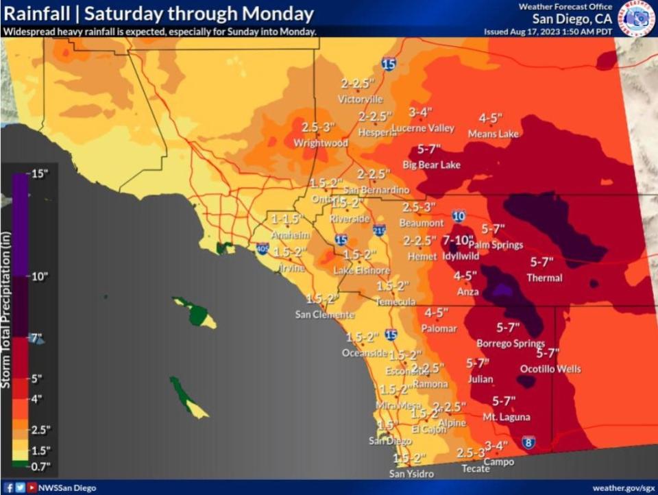 A map showing expected rainfall totals in Southern California from Saturday through Monday, according to a national Weather Service forecast issued at 1:50 a.m. on Thursday.