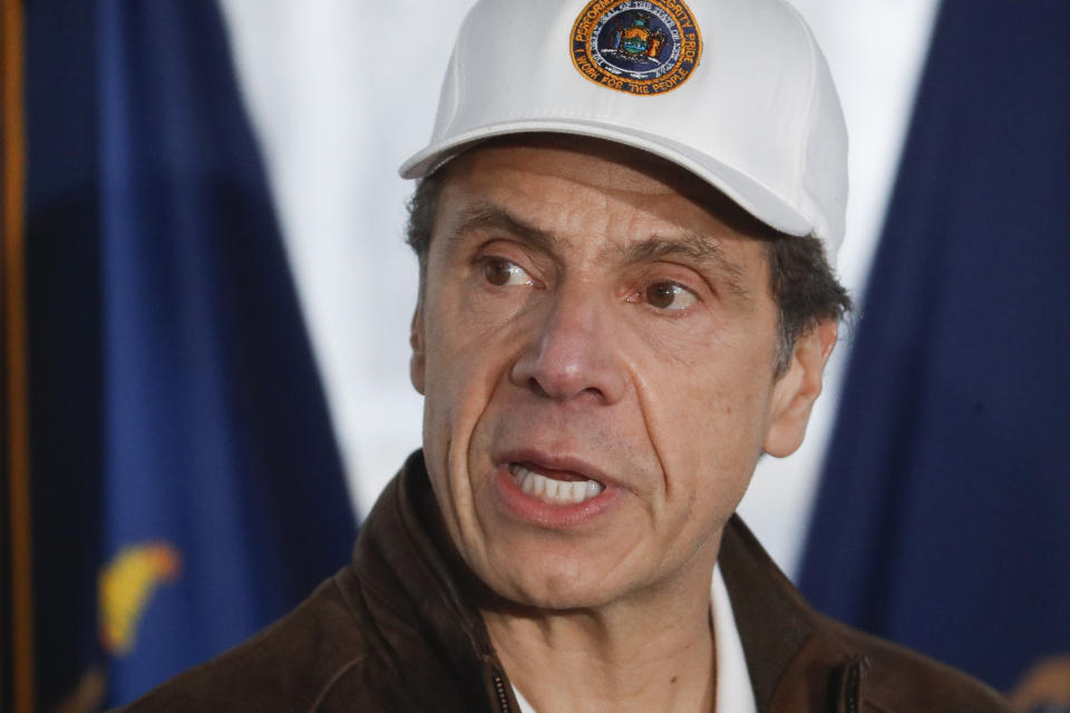 New York Governor Andrew Cuomo speaks during a news conference at a COVID-19 coronavirus infection testing facility at Glen Island Park. (AP Photo/John Minchillo)