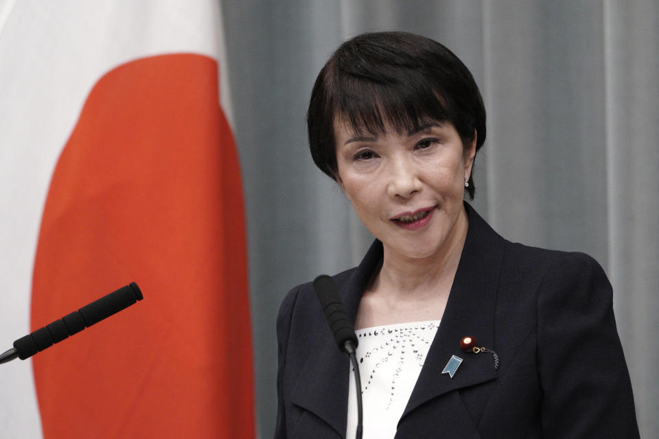 FILE - In this Sept. 11, 2019, file photo, then Internal Affairs and Communications Minister Sanae Takaichi speaks during a press conference at the prime minister's official residence in Tokyo. Takaichi, 60, was to announce her candidacy later Wednesday, seeking a chance to be Japan’s first female leader to succeed outgoing Prime Minister Yoshihide Suga though she has ranked low in media popularity surveys. (AP Photo/Eugene Hoshiko, File)