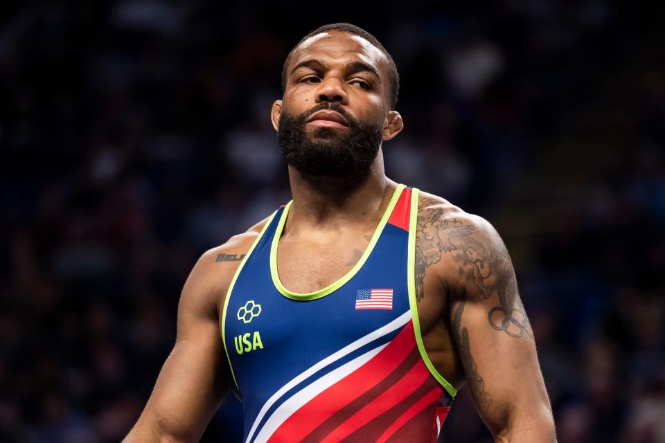 Jordan Burroughs prepares to wrestle Jason Nolf in a 74 kilogram challenge round championship bout during the U.S. Olympic Team Trials at the Bryce Jordan Center April 19, 2024, in State College. Nolf won by decision, 3-0.