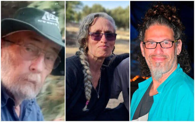 Aryeh Zalmanovich (izquierda) Maya Goren (centro) y Ronen Engel (derecha), quienes fueron tomados como rehenes del Kibbutz Nir Oz por Hamas el 7 de octubre y declarados muertos el 1 de diciembre de 2023. (Times of Israel)