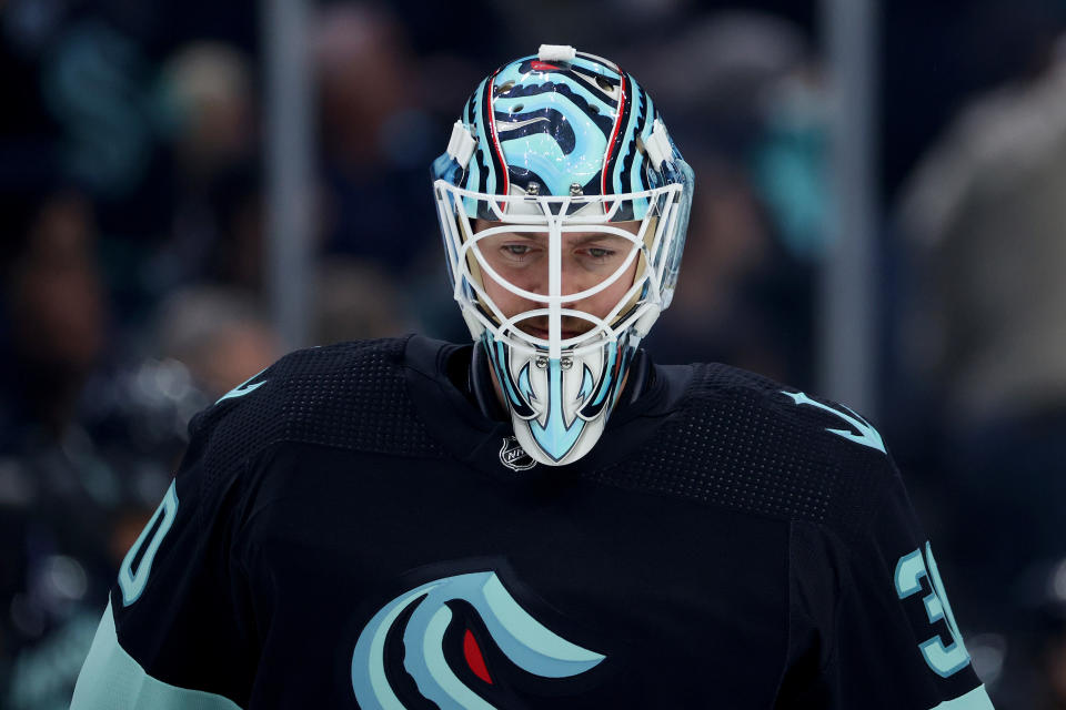 SEATTLE, WASHINGTON - MAY 09: Martin Jones #30 of the Seattle Kraken looks on during the third period against the Dallas Stars in Game Four of the Second Round of the 2023 Stanley Cup Playoffs at Climate Pledge Arena on May 09, 2023 in Seattle, Washington. (Photo by Steph Chambers/Getty Images)