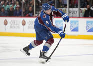 Colorado Avalanche defenseman Cale Makar shoots against the Seattle Kraken during the first period of Game 2 of a first-round NHL hockey playoff series Thursday, April 20, 2023, in Denver. (AP Photo/Jack Dempsey)