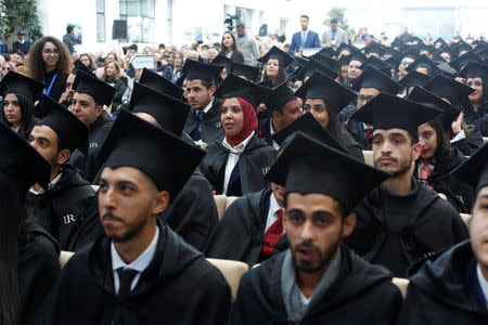 Students wearing mortar board hats wait to receive their degree diplomas, following a graduation ceremony for students at University of Rabat, Morocco, February 2, 2019. Picture taken February 2, 2019. REUTERS/Youssef Boudlal