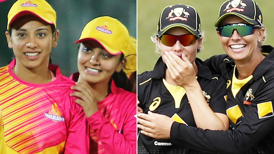 Two separate shots show female cricketers celebrating.