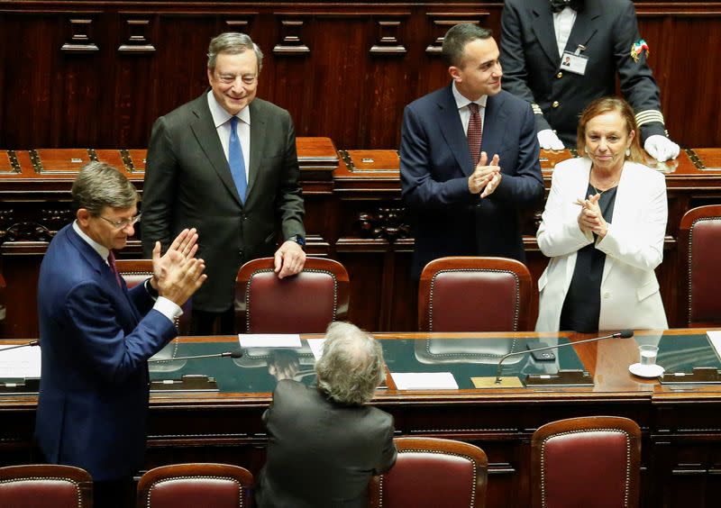 Italy's PM Draghi addresses the lower house of parliament before a vote of confidence, in Rome