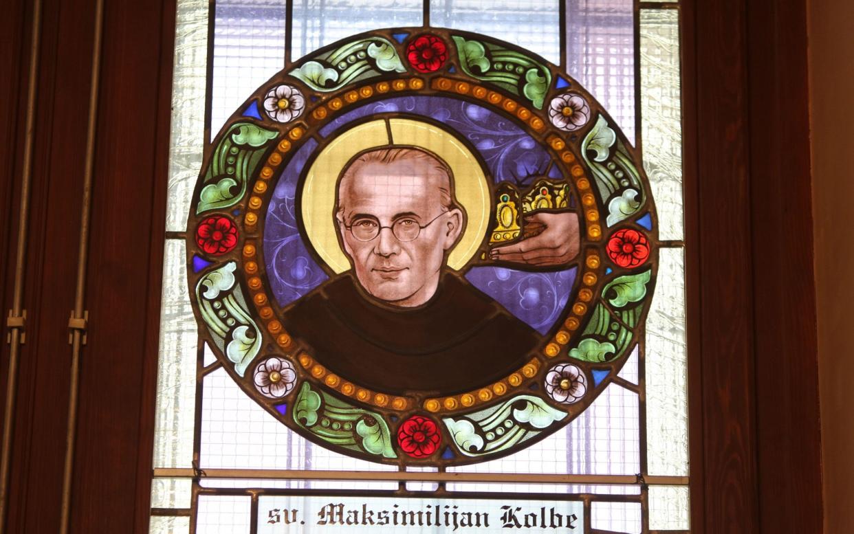 A stained-glass window depicting Maximilian Kolbe in Marija Bistrica