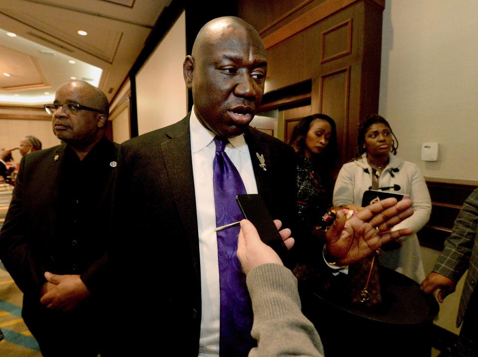 Nationally-known civil rights attorney Ben Crump answers questions from the press after the Springfield Branch of the NAACP 102nd Annual Lincoln-Douglass Freedom Fund Banquet on Sunday Feb. 19, 2023, at the Crowne Plaza Hotel.