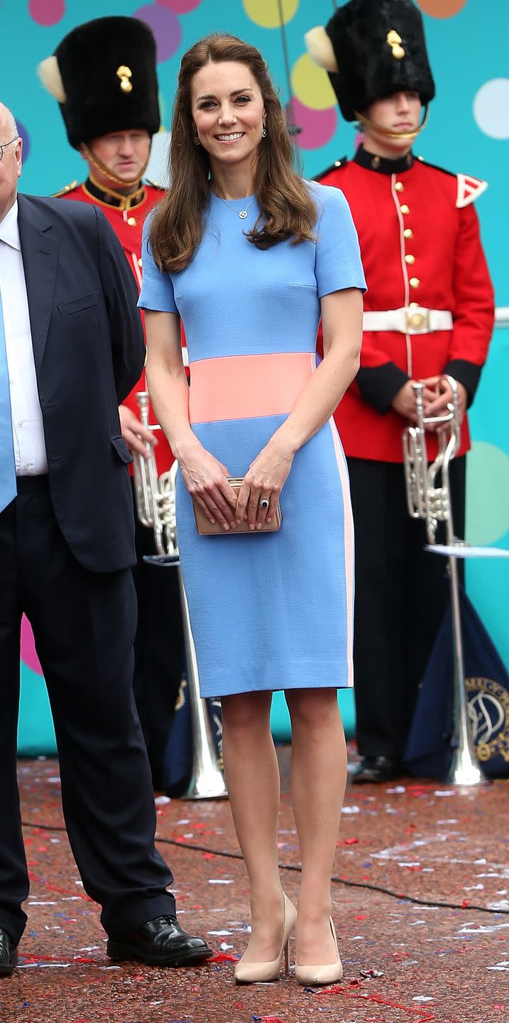 <p>The Duchess attends the Queen's birthday tea party in London wearing a Roksanda dress with a nude clutch and pumps. </p>