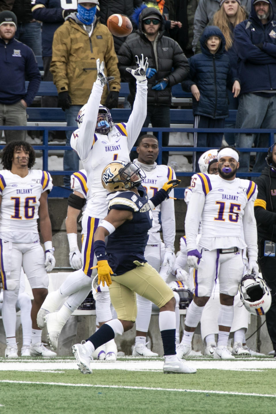 Albany receiver Juwan Green catches the ball over Montana State's Tyrel Thomas, and scores a touchdown during a second-round game in the NCAA Football Championship Subdivision playoffs Saturday, Dec. 7, 2019, in Bozeman, Mont. (Ryan Berry/Bozeman Daily Chronicle via AP)