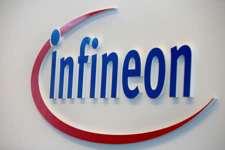 Logo of German semiconductor manufacturer Infineon is pictured before the annual news conference in Munich, Germany, November 23, 2016. REUTERS/Michaela Rehle