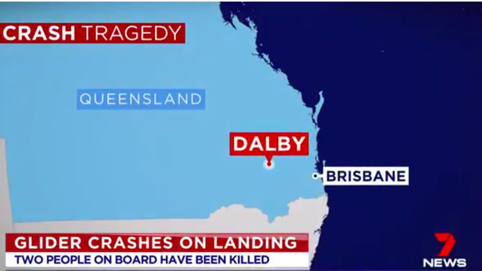 Two men have died after their glider crashed short of the runway at the Darling Downs Soaring Club. Source: 7 News