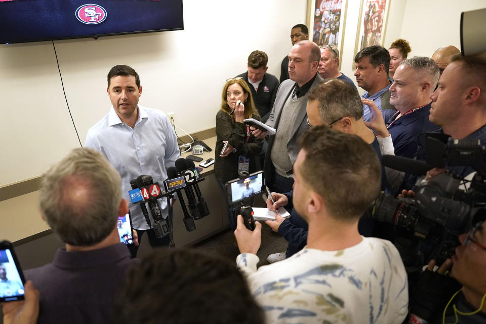 San Francisco 49ers owner Jed York speaks to reporters before a practice at the team's NFL football training facility in Santa Clara, Calif., Thursday, Feb. 1, 2024. The 49ers will face the Kansas City Chiefs in Super Bowl 58. (AP Photo/Tony Avelar)