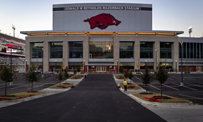 An exterior view of Arkansas' football stadium.