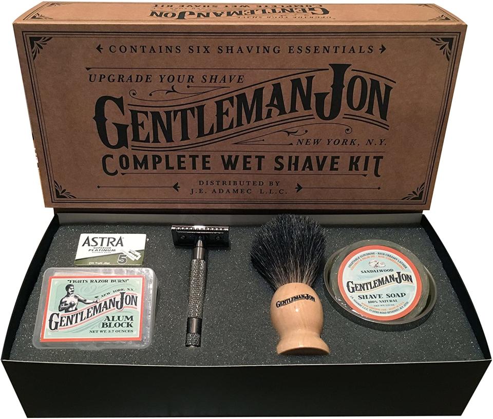 Gentleman Jon Complete Wet Shave Kit with safety razor, badger hairbrush, an alum block, shave soap, steel bowl and Astra razor blade pack