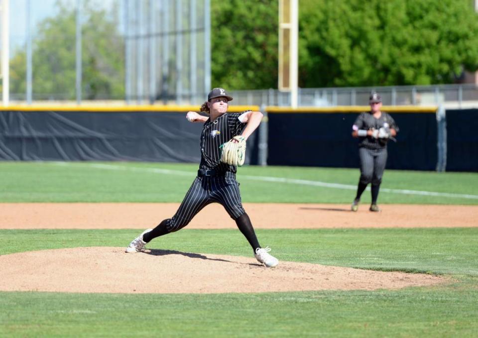 Enochs pitcher Kannon Sharpe delivers a pitch during a CCAL matchup with Turlock at Enochs High School in Modesto, Calif. on Friday, April 19, 2024.