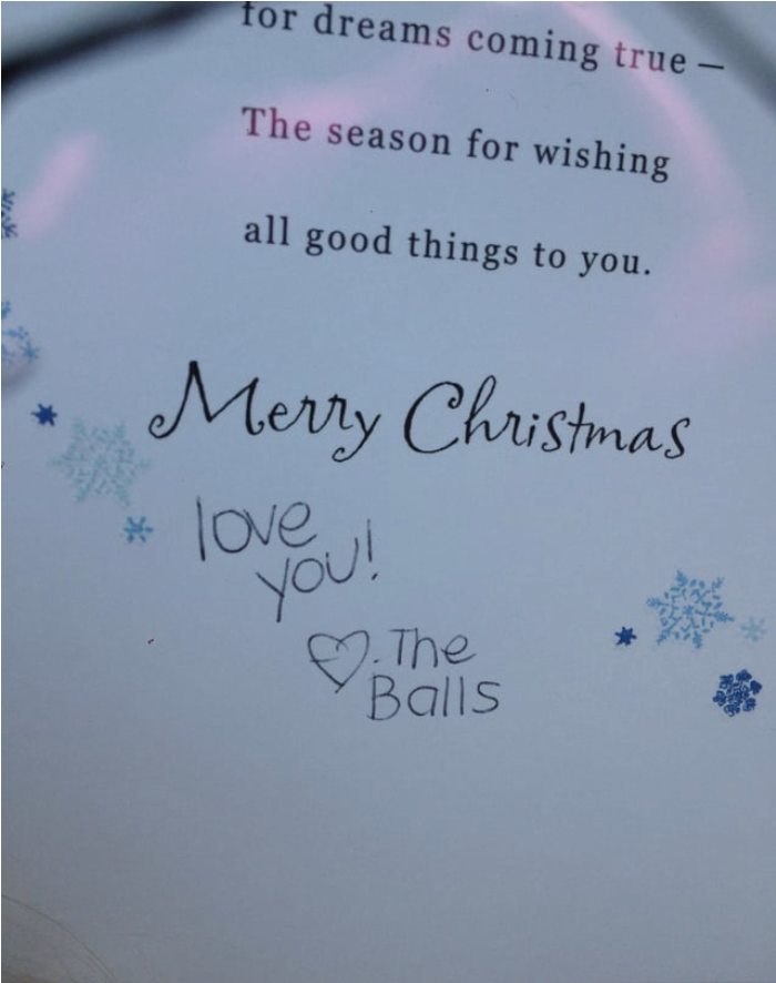 The card says "Merry Christmas, love you, love the balls"