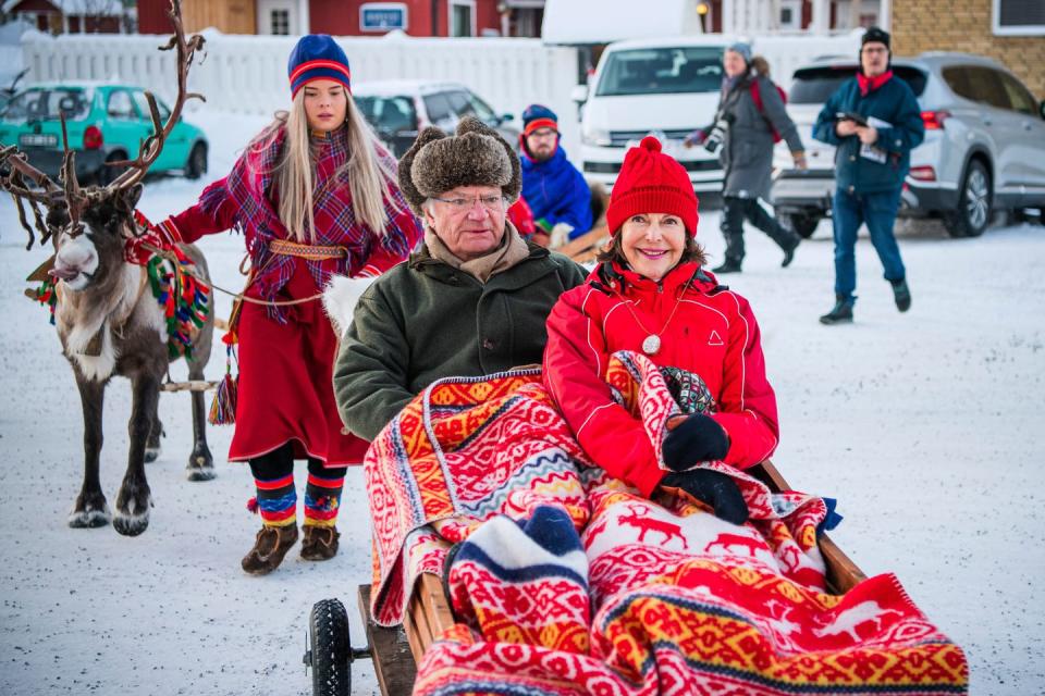 <p>The Swedish monarchs took a reindeer sledge ride as they visit the 400 year old Jokkmokk Fair in Jokkmokk, northern Sweden.</p>