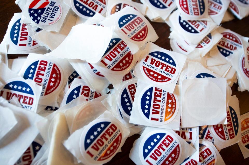 "I voted" stickers sit ready for voters to take after casting their ballot in the primary election at Precint C1 in the Olde Town Depot Building in Clinton, Miss., Tuesday, March 12, 2024.