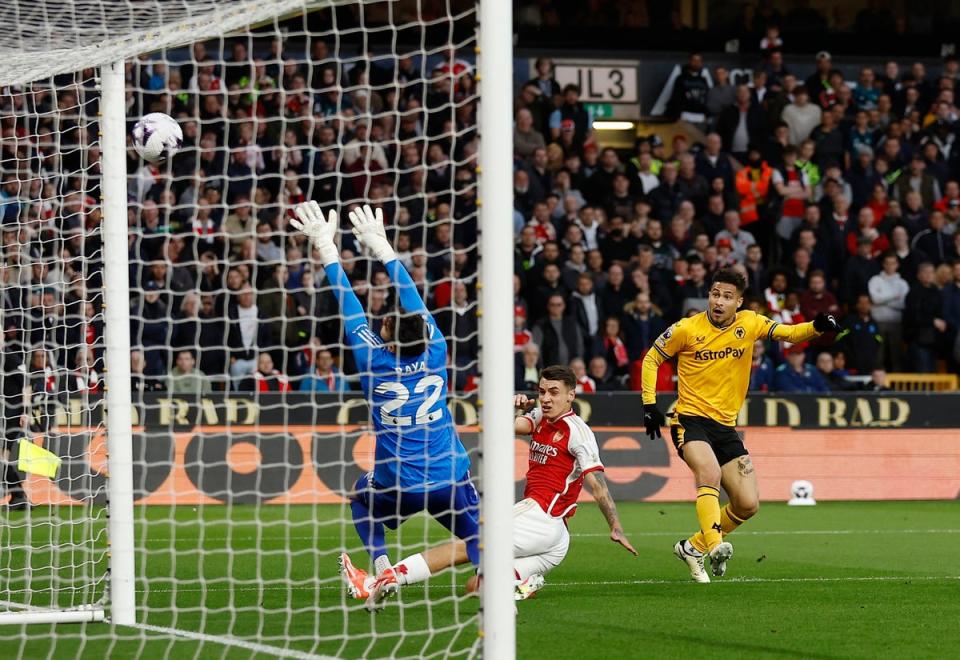 Raya tipped Gomes’s shot onto the post with the game goalless (Action Images via Reuters)