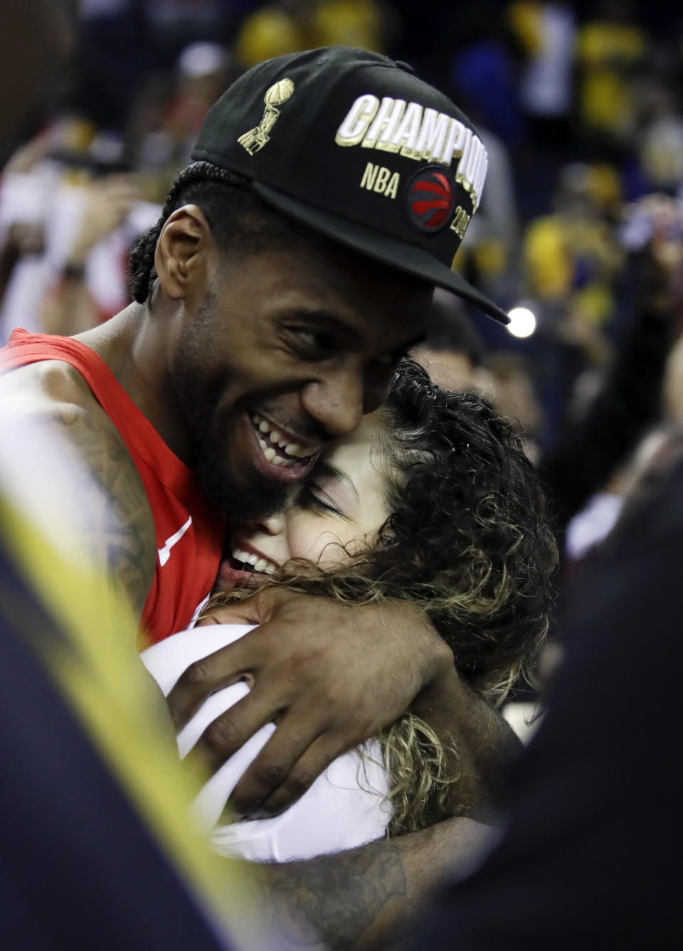 Toronto Raptors forward Kawhi Leonard celebrates after the Raptors defeated the Golden State Warriors in Game 6 of basketball's NBA Finals in Oakland, Calif., Thursday, June 13, 2019. (AP Photo/Ben Margot)